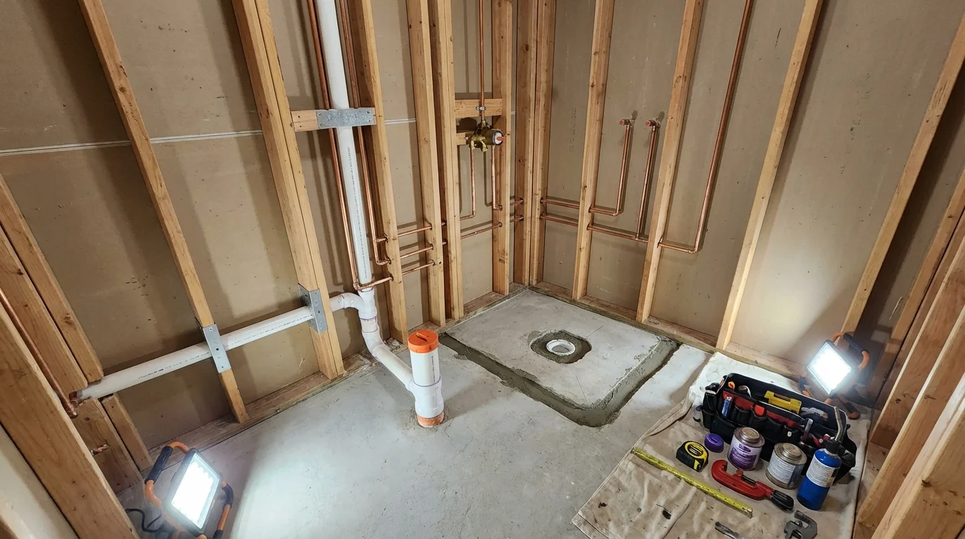 Bathroom rough-in plumbing during remodel by Johns Plumbing LLC in New Durham