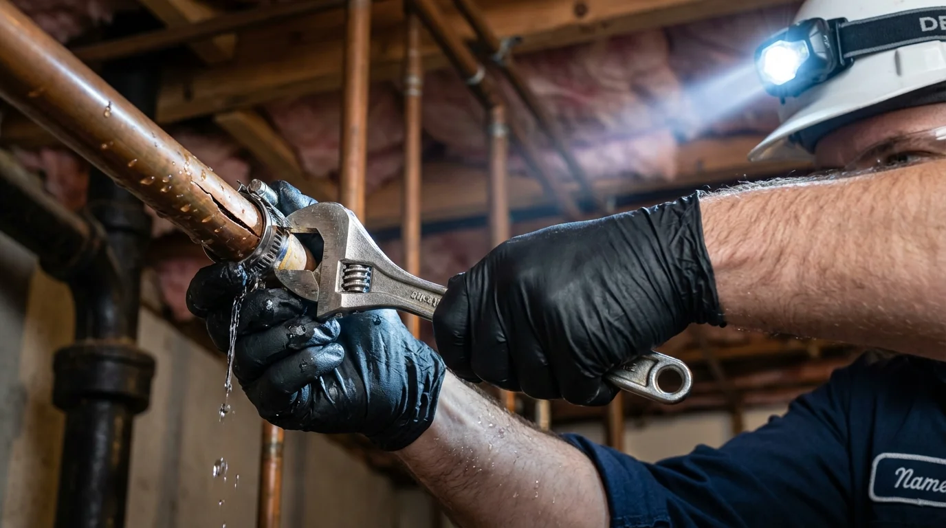 Emergency pipe clamp repair being performed by a Johns Plumbing LLC plumber in New Durham