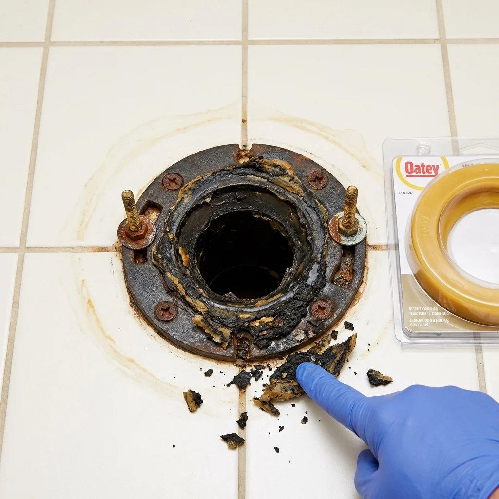 Failed wax ring showing water seepage at the base of a toilet in a New Durham, NH home