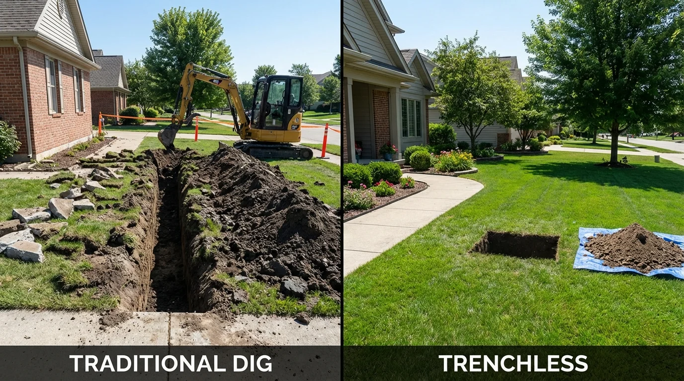 Trenchless sewer repair with minimal yard damage versus traditional excavation in New Durham, NH
