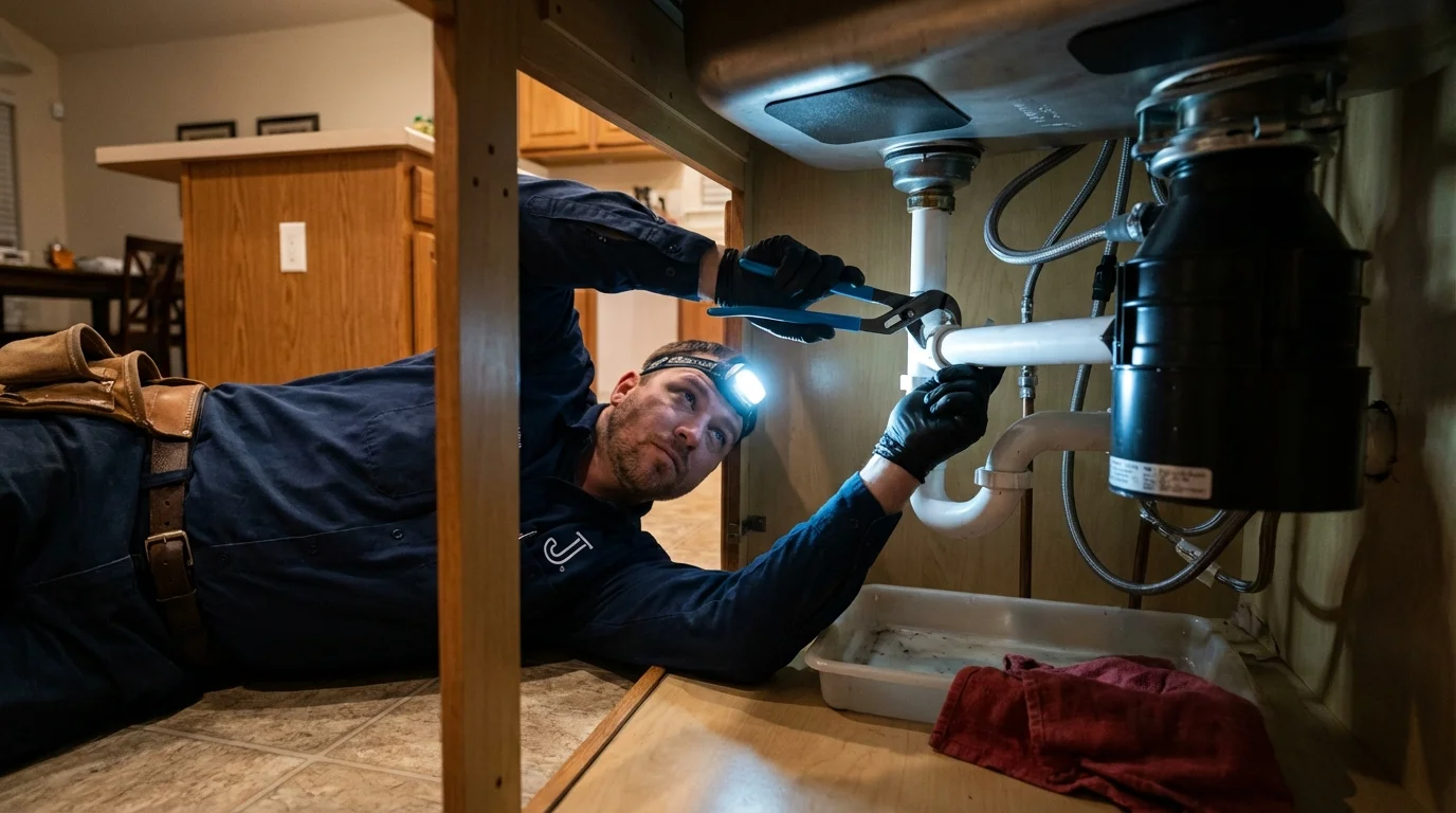 P-trap and supply line connections under a kitchen sink showing a common leak point in New Durham, NH